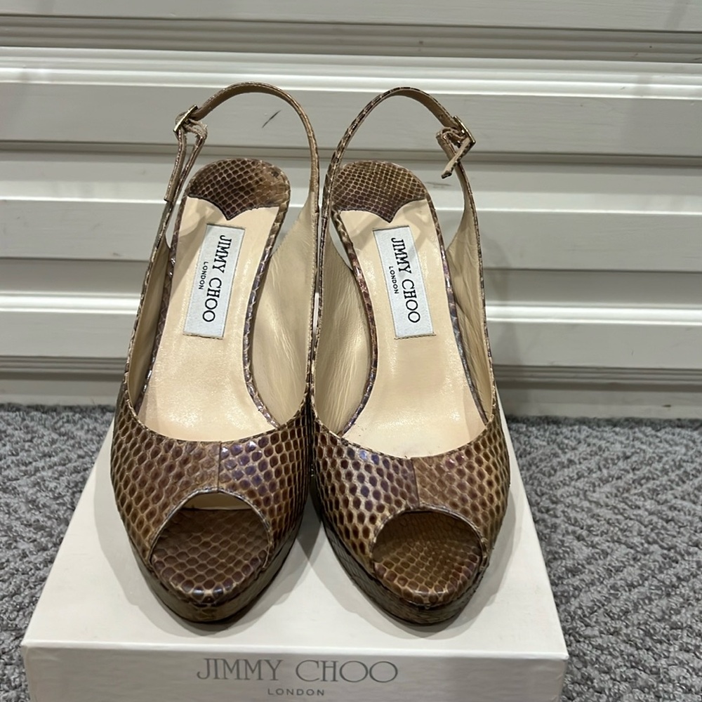 Jimmy Choo Perlized Elaphe Dusty Pink Python Slingback Platform Pumps size 39